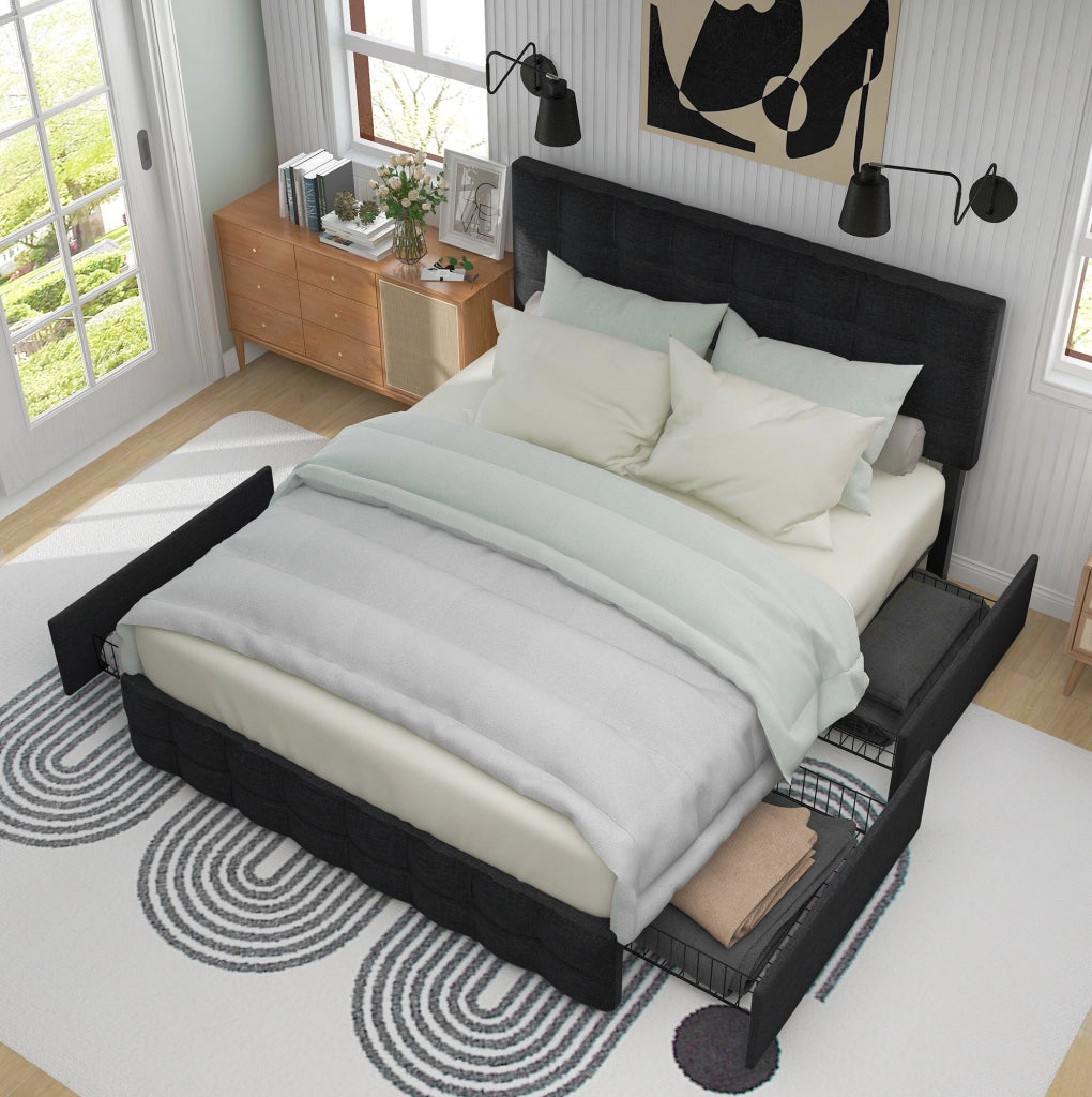 Letto imbottito 140x200 cm con 4 cassetti e testiera regolabile in lino nero