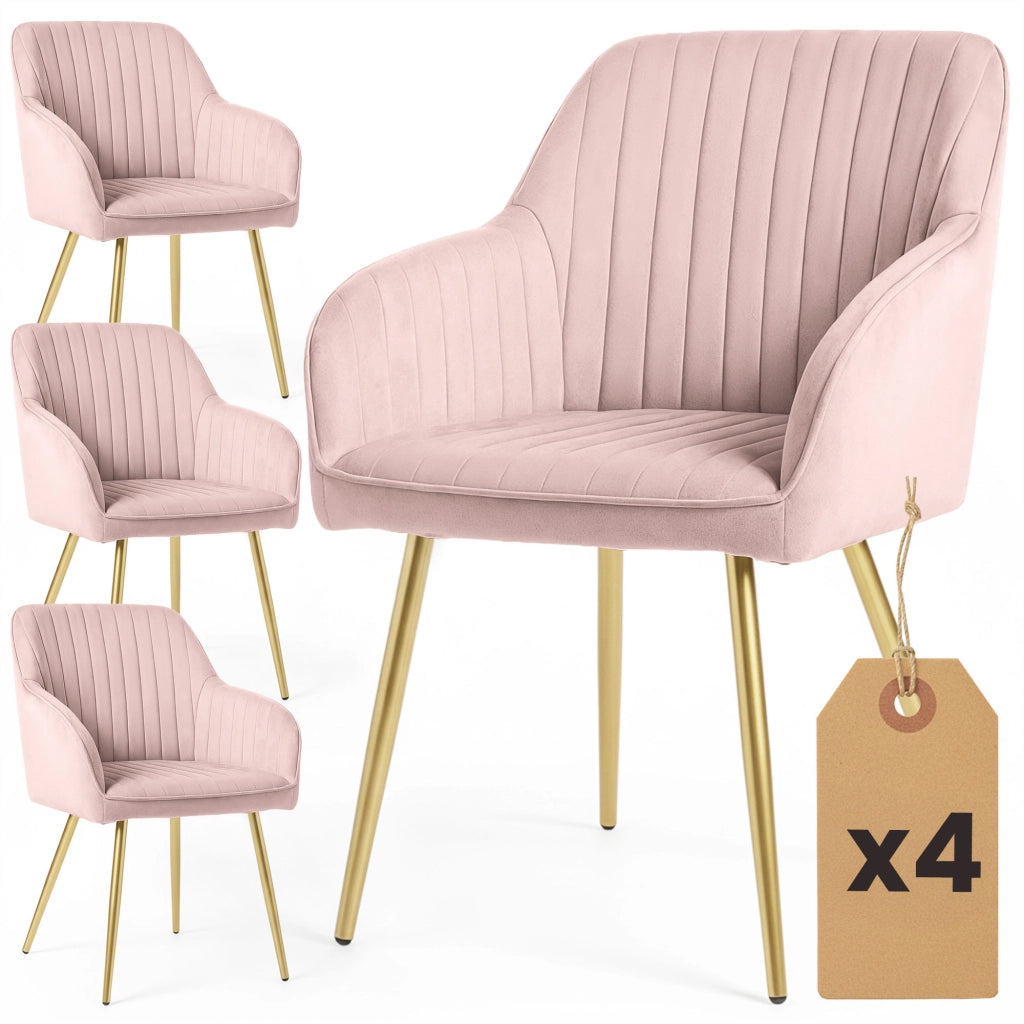 Set di 4 Sedie in velluto con cuciture verticali FLORENCE Rosa Cipria gambe oro