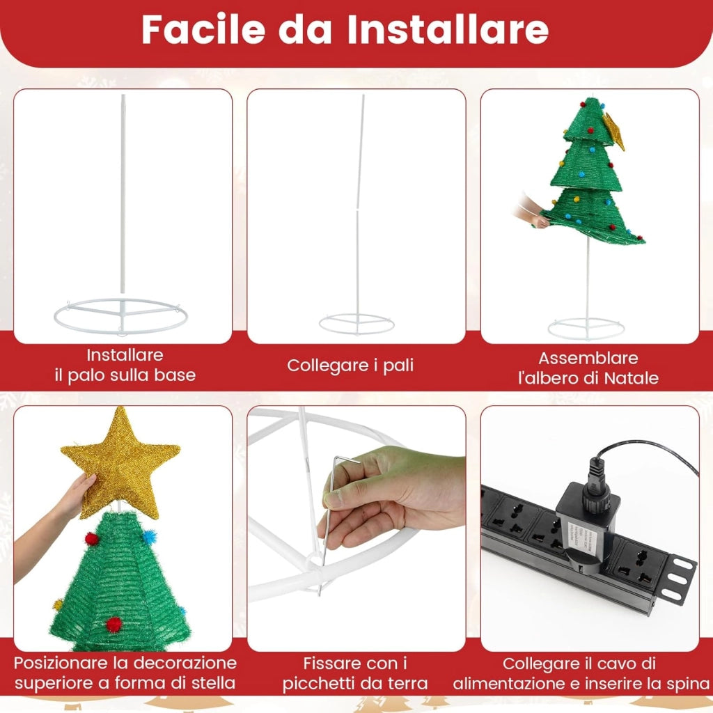 Albero di Natale Pieghevole 190 cm, Decorazione dell'Albero di Natale con 200 Luci LED, Stella in Cima, Palline di Peluche, Decorazione Natalizia per Casa, Giardino, Negozio