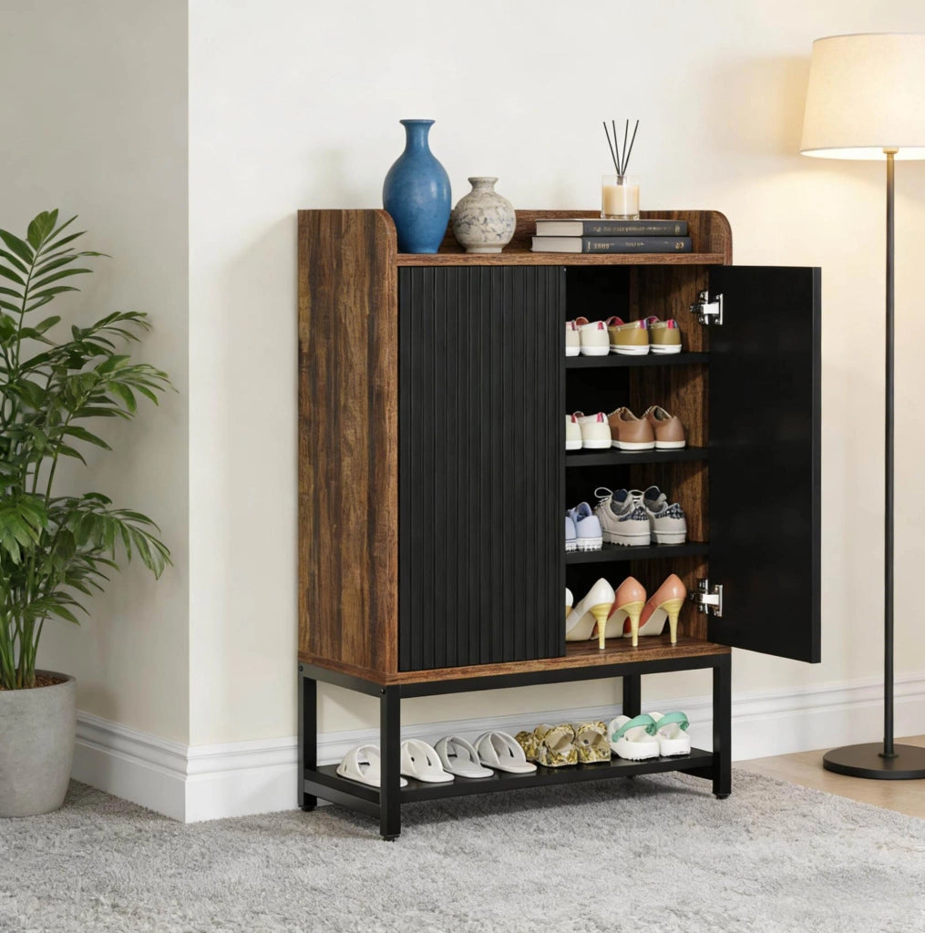 Scarpiera ULEVR 73x35x105,5 cm con 5 ripiani e ante a pressione, nero e marrone rustico