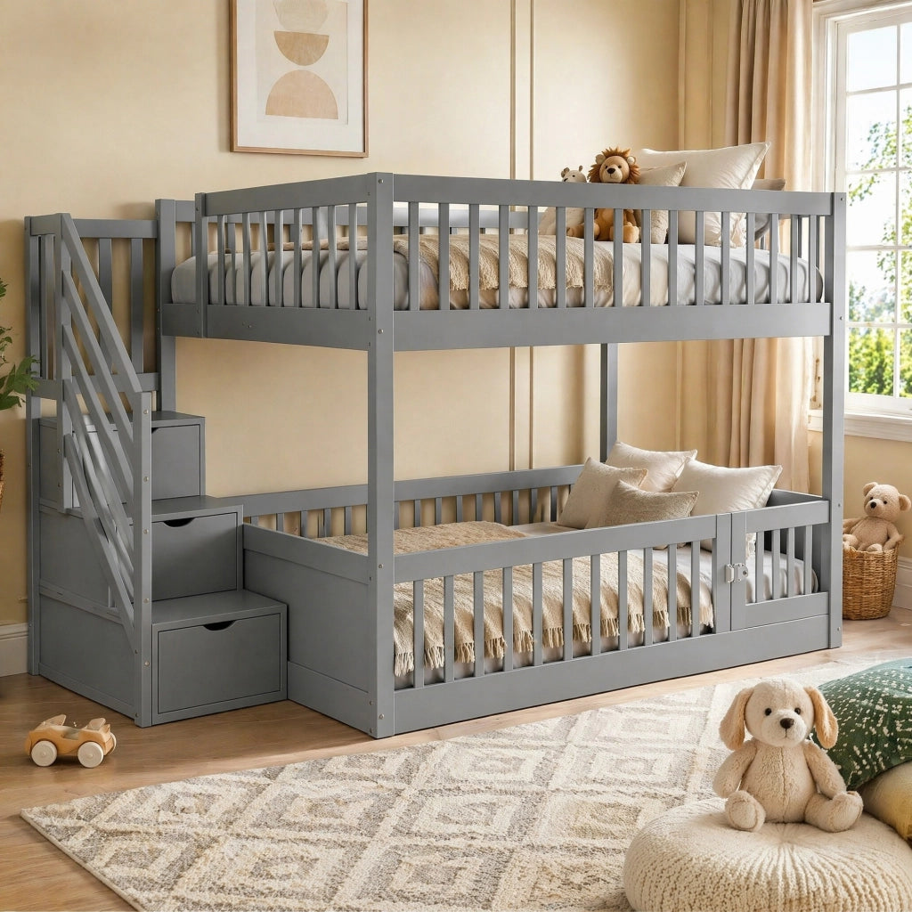 Letto a castello 140x200 cm in legno grigio con scala contenitore