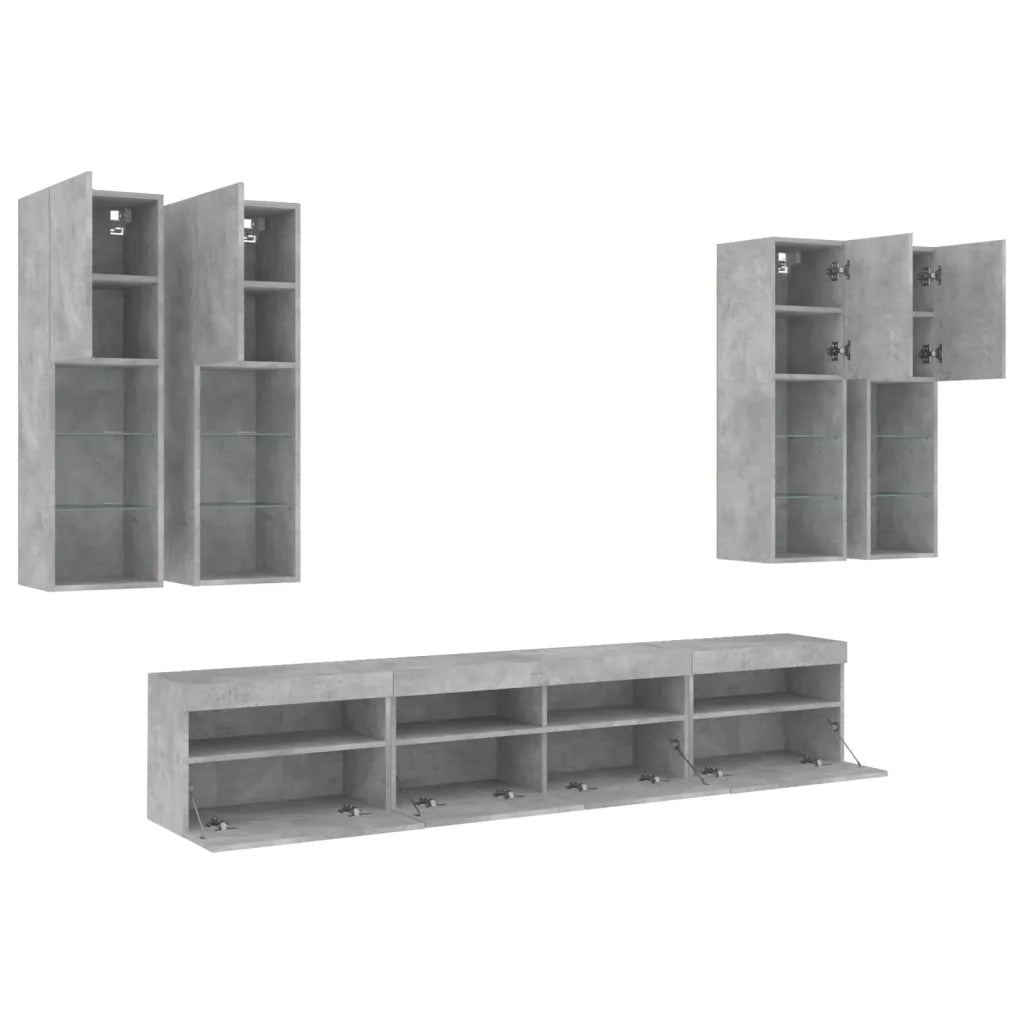 Set Mobili TV a Muro 7 pz con Luci LED Grigio Cemento
