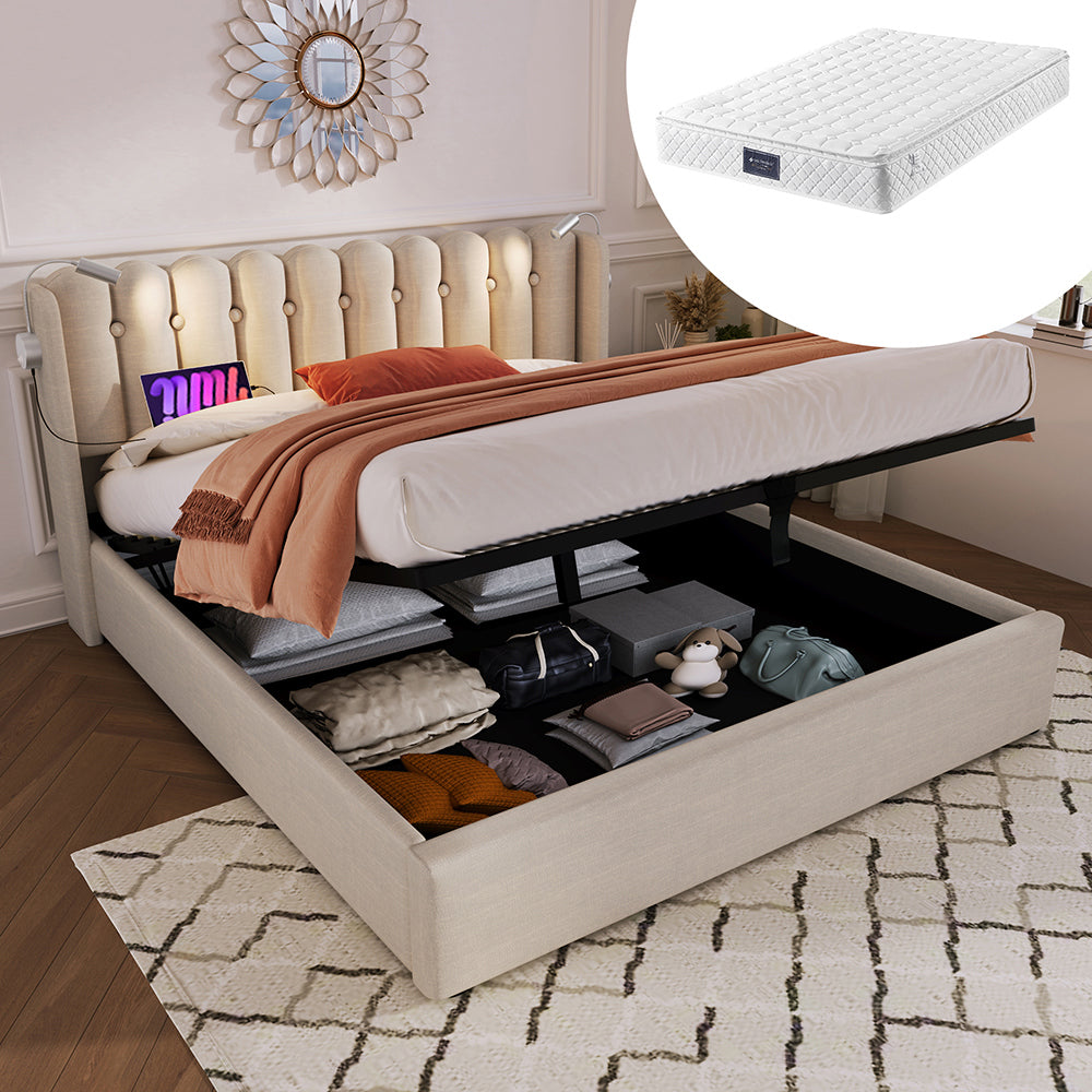 Letto a cassone imbottito - Xylo - 160x200 cm - Beige - Con funzione di carico e due luci da lettura