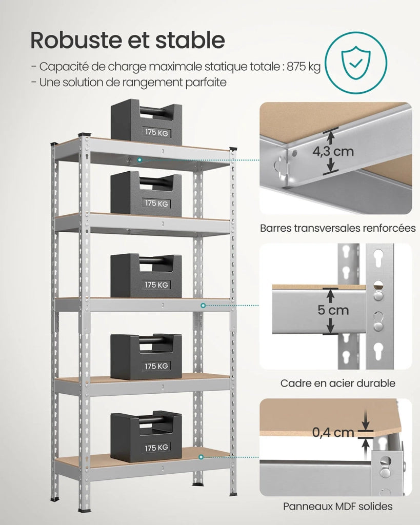 Scaffale per carichi pesanti scaffale portaoggetti scaffale da cucina 5 ripiani 30 x 75 x 150 cm portata 875 kg per cantina garage ufficio argento 12_0005790