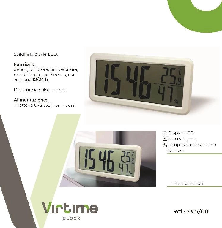Orologio Sveglia Schermo LCD con Data Temperatura e Umidità 15 x 8 cm