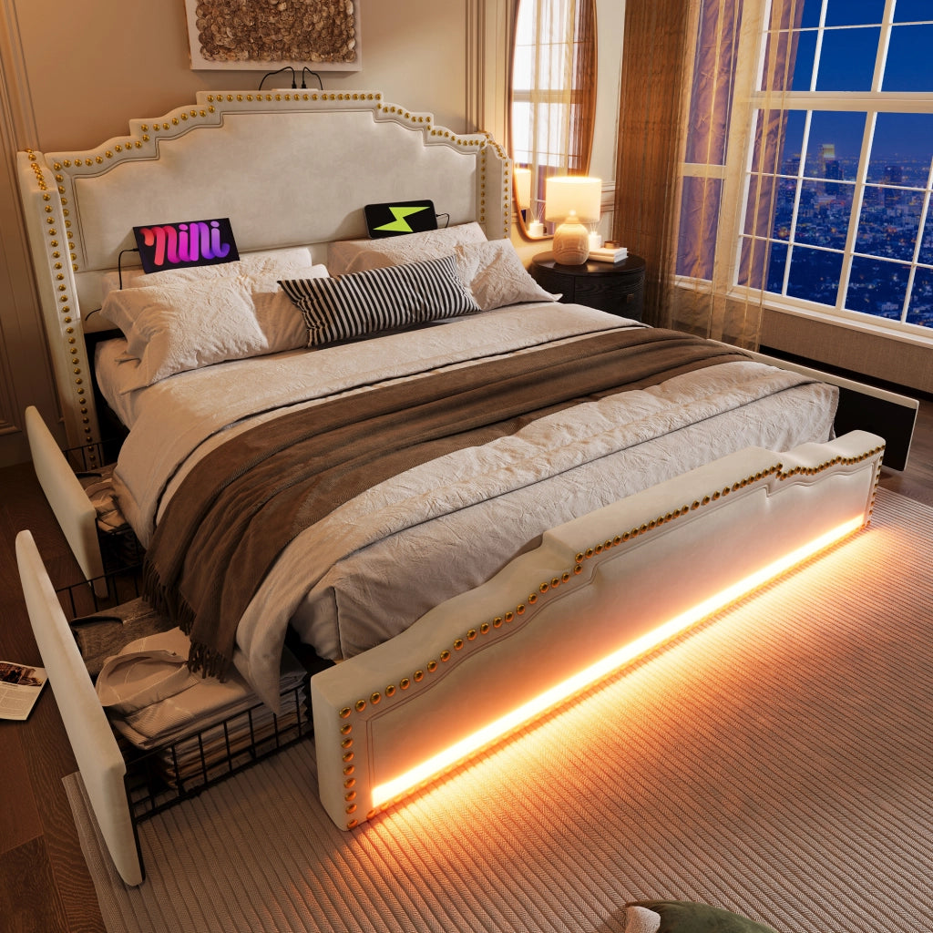 LETTO imbottito 160x200 cm in velluto beige con materasso incluso, LED e USB