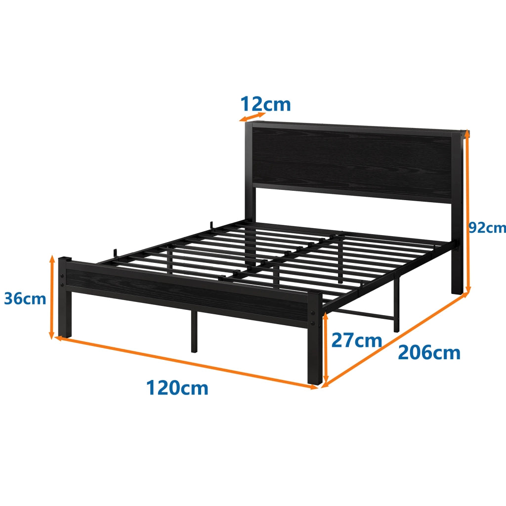 LETTO Singolo 120x200 cm con testiera, MDF e metallo, Nero