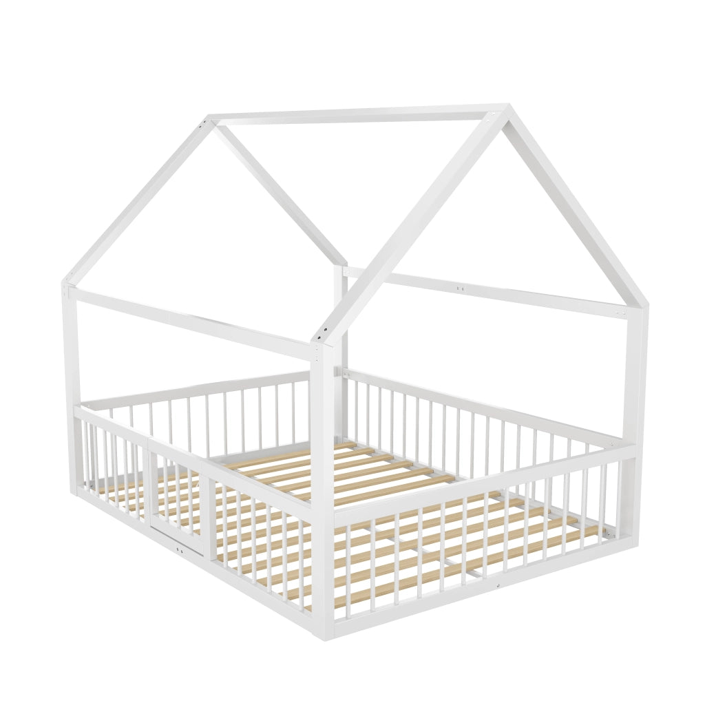 Letto a baldacchino in metallo bianco 140x200 cm con ringhiera per bambini