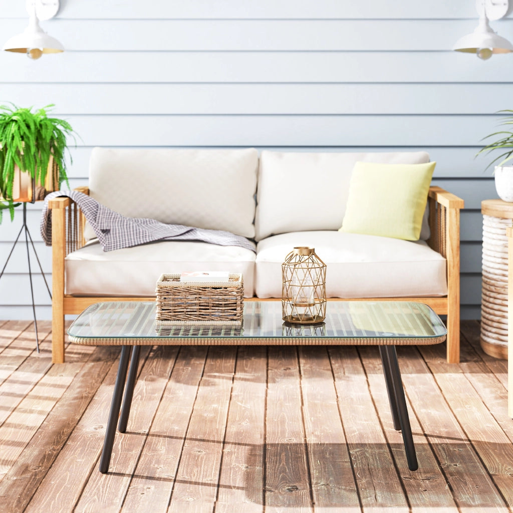 Tavolino da Giardino in Rattan PE con Piano in Vetro e Acciaio, 110x60x40 cm, Legno Naturale