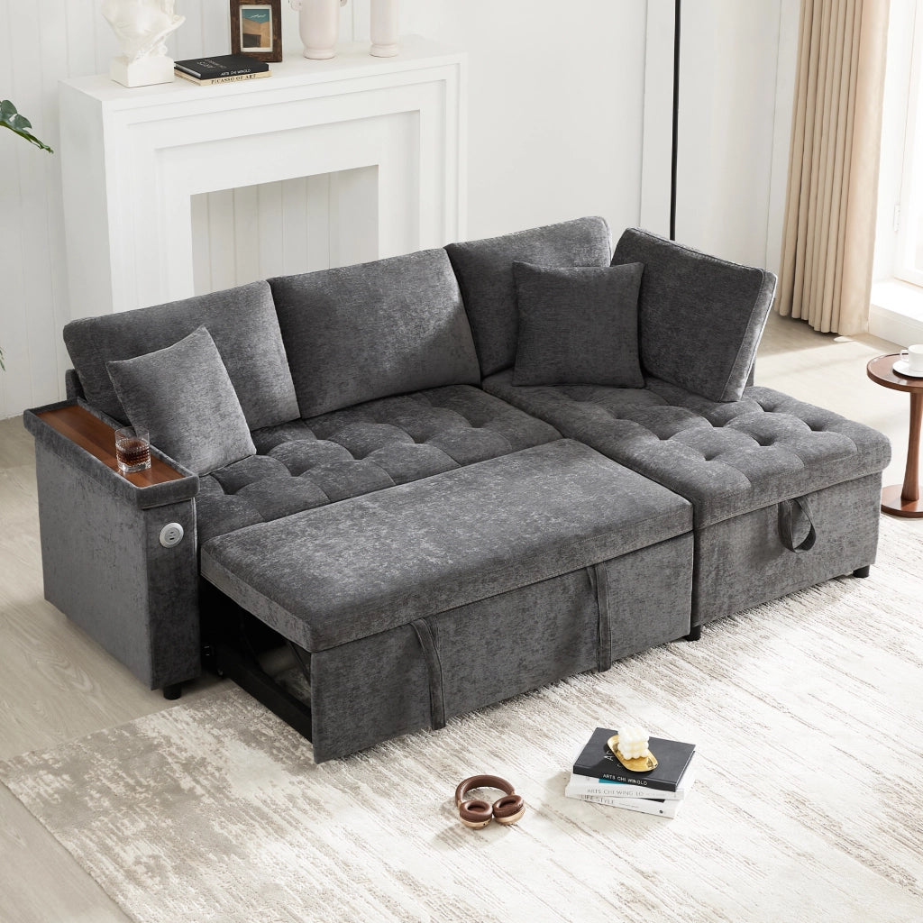 Divano angolare convertibile in chenille con funzione letto, contenitore, USB e portabicchieri per soggiorno grigio scuro