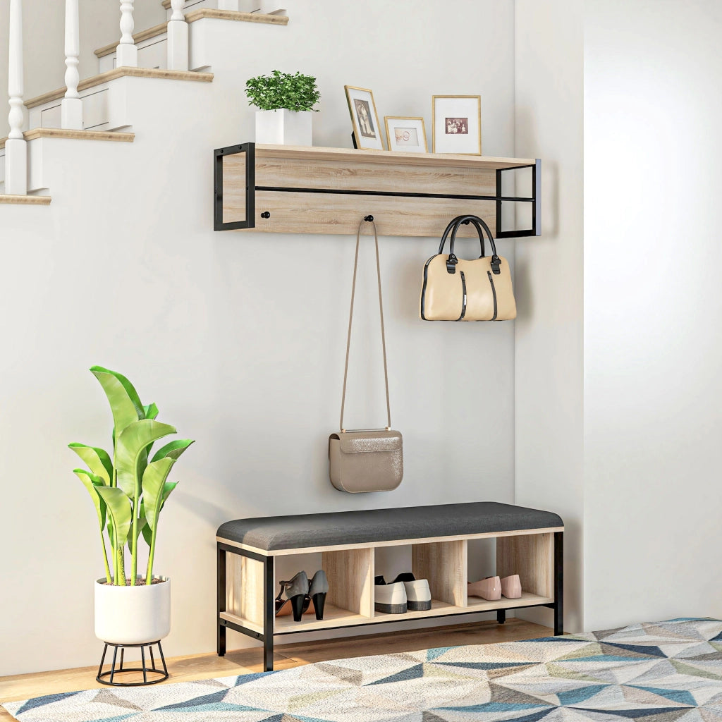 Banca scarpiere con portaoggetti e attaccapanni ¨C zephmum ¨C naturale e nero 90x30x45