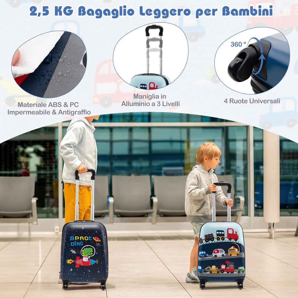 5 Pezzi Valigia per Bambini, Valigia con ManicoTelescopico da 16" con 13" Zainetto, Cuscino per Il Collo, Etichetta per Bagaglio, Borsa per Il Pranzo, con Ruote Girevoli a 360 ° (Modello 3)