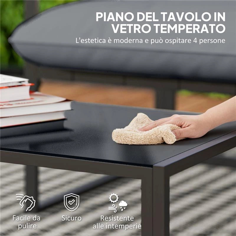 SET DA GIARDINO 4 PEZZI CON DIVANETTO, 2 POLTRONE E TAVOLINO, IN ACCIAIO, POLIESTERE E COTONE PP, NERO E GRIGIO
