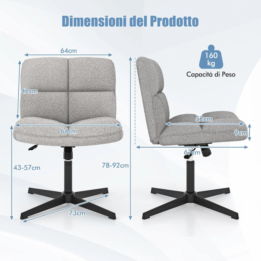 Sedia da Scrivania senza Braccioli, Sedia da Ufficio a Gambe Incrociate, Altezza Regolabile, Girevole a 360°, Tessuto Morbido, Ampia Seduta Imbottita, per Soggiorno Ufficio (Grigio)