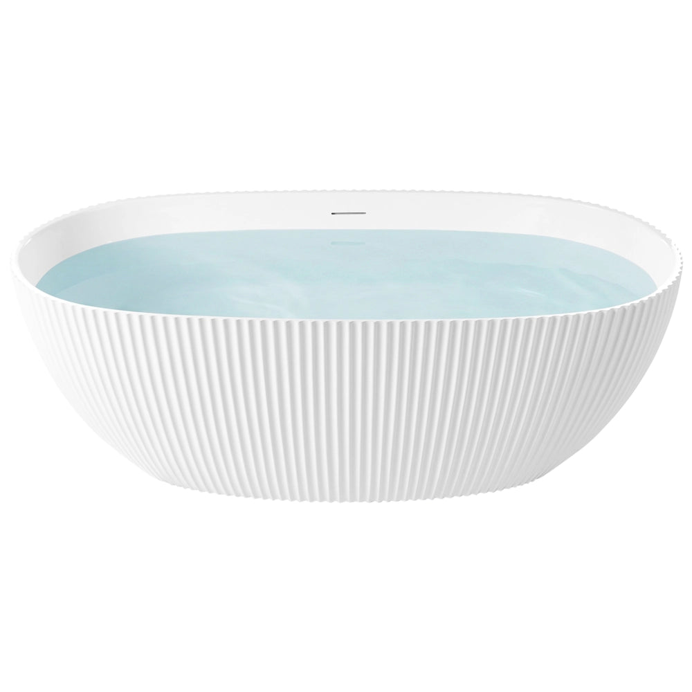 Tappetino da bagno indipendente in acrilico bianco opaco 170 x 81 cm forma ovale con finitura scanalata stile moderno per il bagno