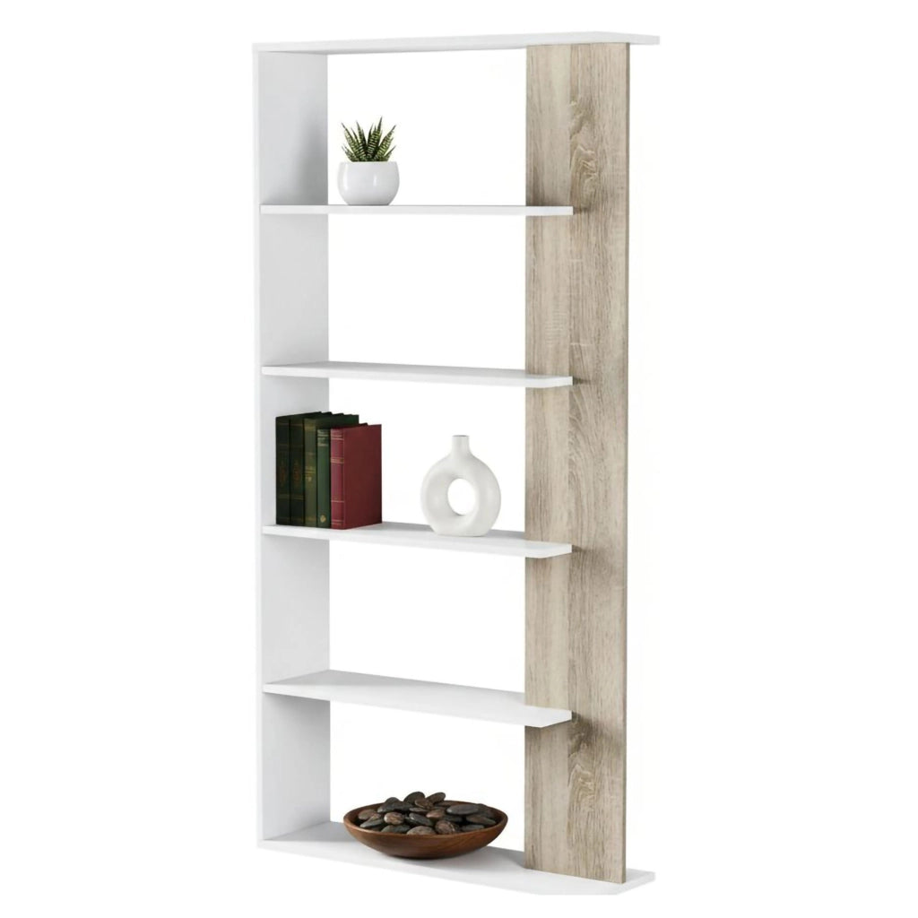 Libreria Eolo, Mobile portalibri bifacciale a 5 ripiani, Scaffale divisorio da ufficio o cameretta, cm 90x25h180, Bianco e Rovere