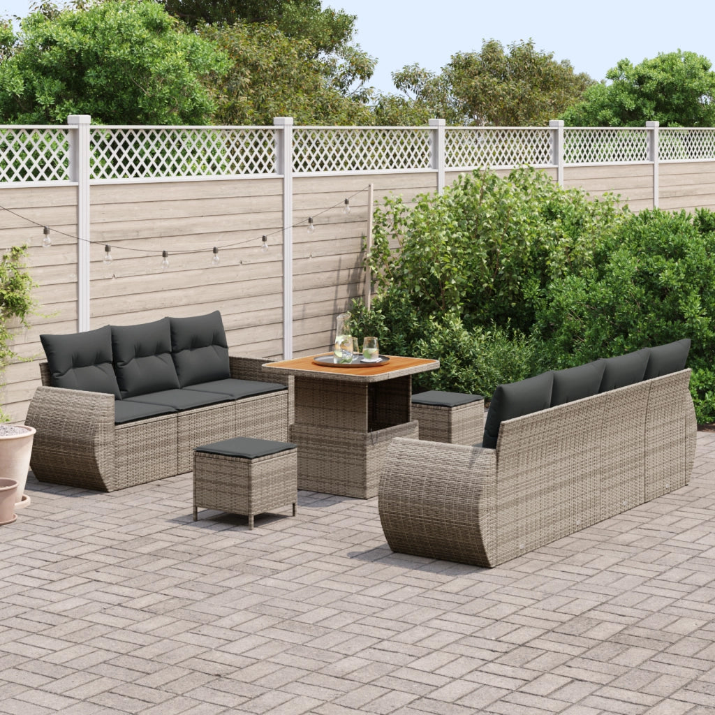 Set di Divani da Giardino  10 Pezzi con Cuscini Grigio Polyrattan Acacia