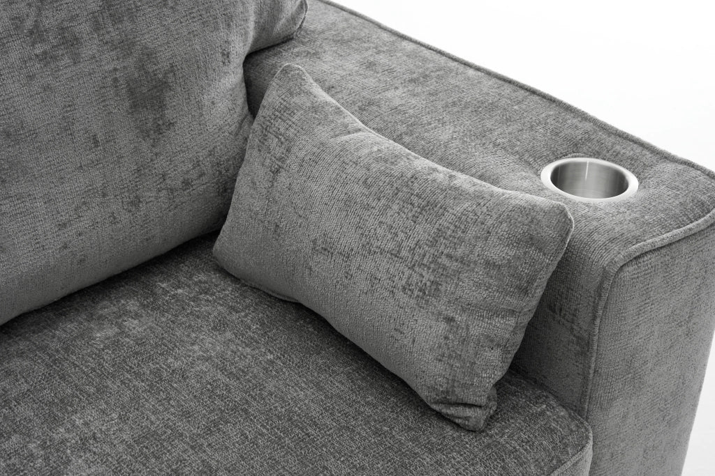 Divano a 2 posti con portabicchieri e tasche laterali in tessuto chenille grigio scuro per soggiorno 182 cm