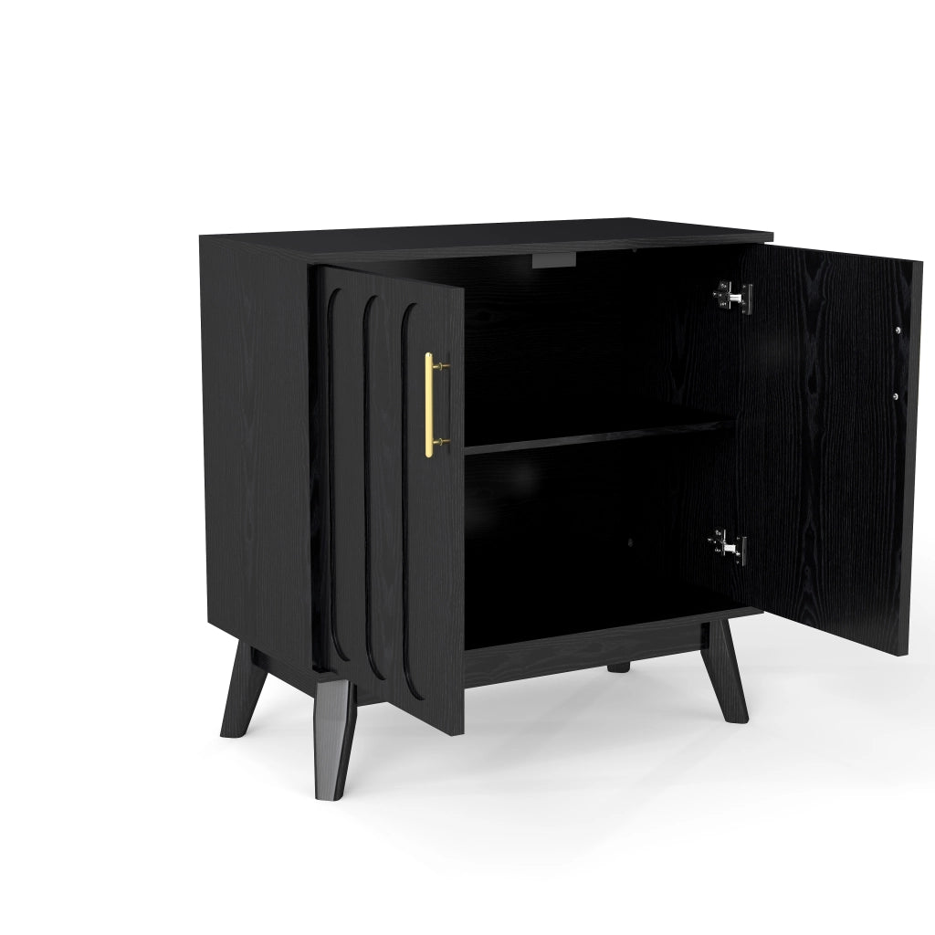 Credenza con ripiani regolabili e presa posteriore in legno e MDF nera