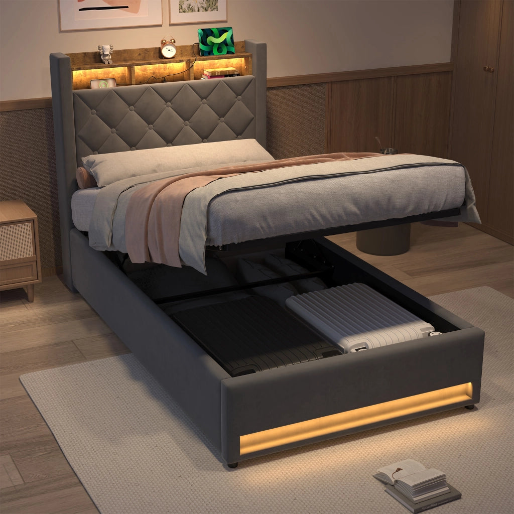 LETTO Imbottito 90 x 200 cm in Velluto Grigio con LED, USB e Contenitore