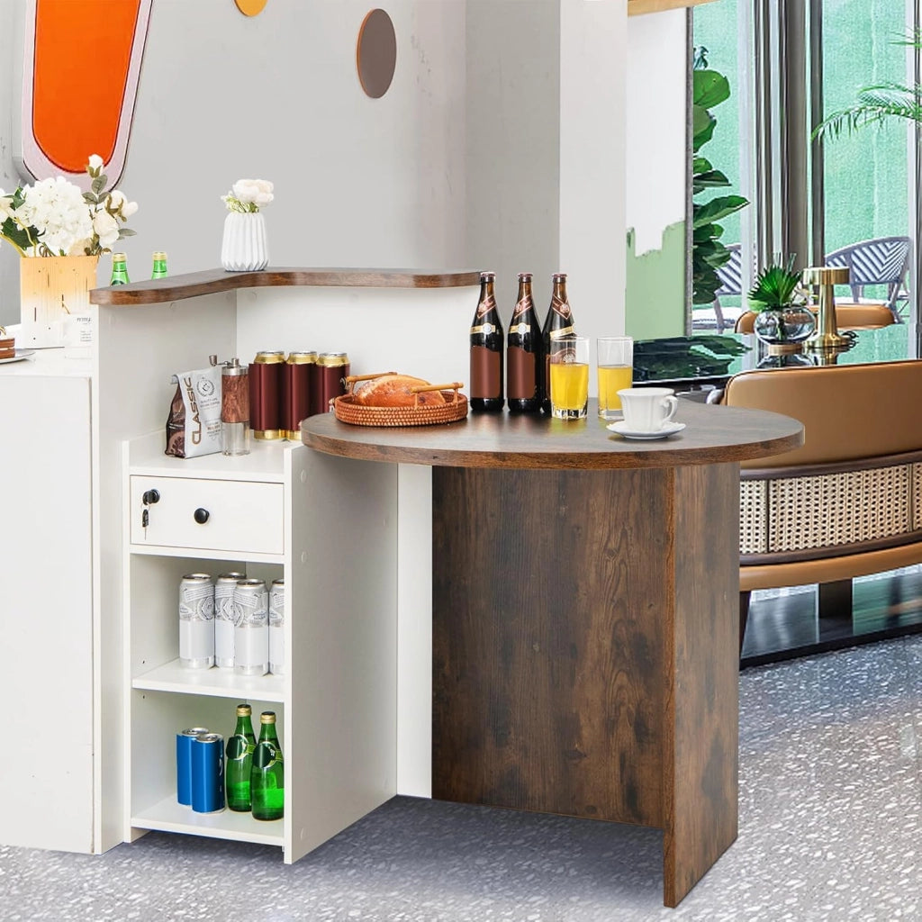 Banco Reception a Forma di L, Bancone per Cassa con Ripiano Regolabile e Cassetto Bloccabile, Piano Ovale, per Negozio, Salone e Ufficio, 120 x 55 x 100 cm (Marrone Rustico+Bianco)
