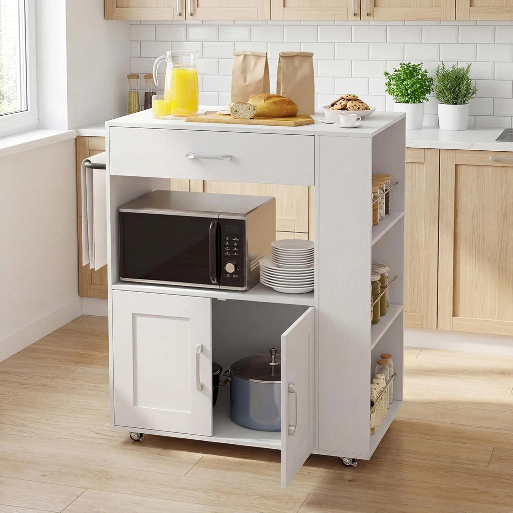Carrello da Cucina con Ruote, Isola da Cucina con 3 Portaspezie 1 Cassetto Armadietto a 2 Porte, Carrello Portaoggetti con Portasciugamani, 82x46x92 cm (Bianco+bianco)