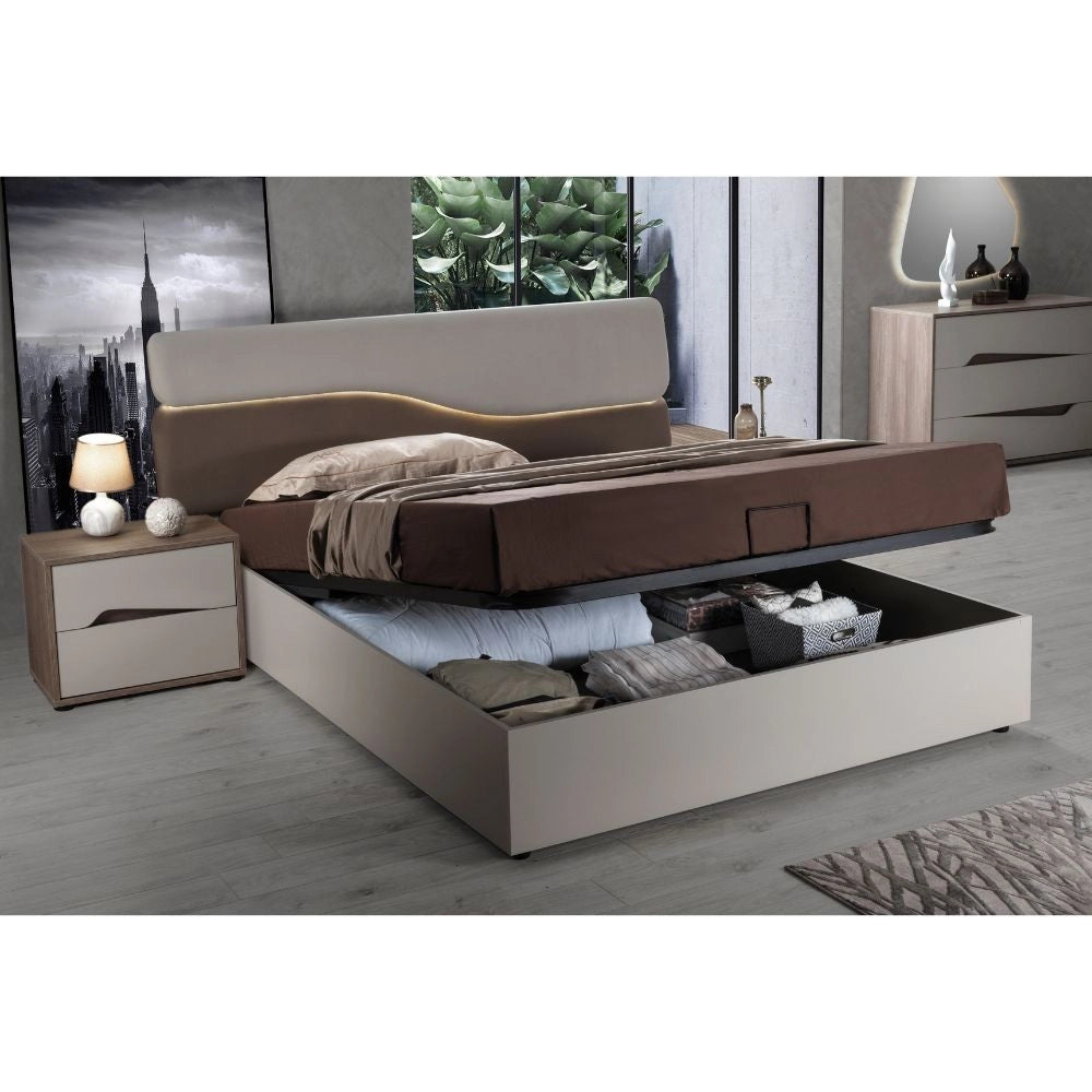 Camera da letto con letto contenitore Soleil colore cashmere e olmo biscotto