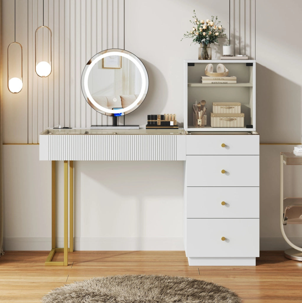 Tavolo da toeletta bianco con specchio LED e 5 cassetti