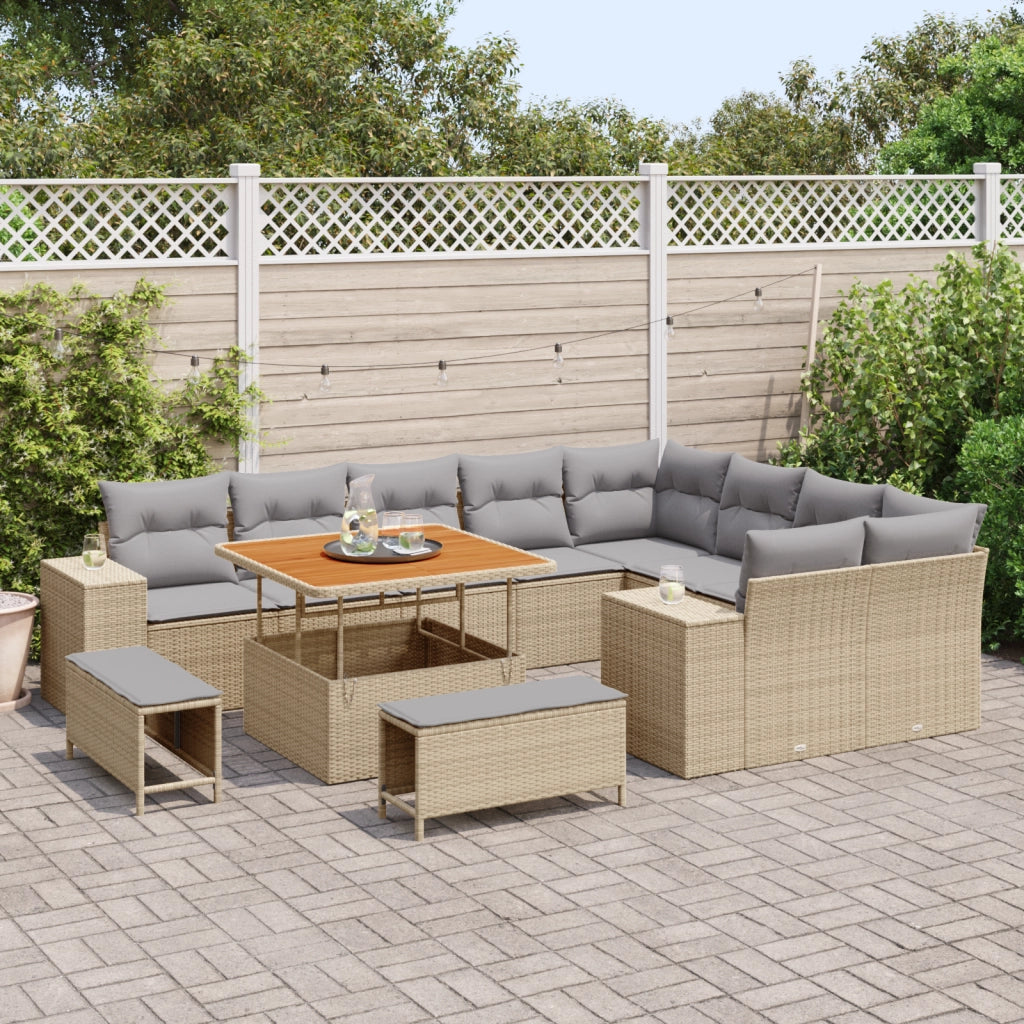 Set divano da giardino  12 pezzi con cuscini beige polirattan acacia