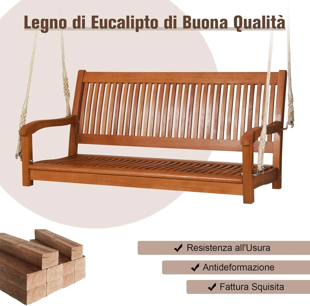 Dondolo Sospeso da Esterno con 2 Posti, Panca Altalena in Legno di Eucalipto con 2 Corde, Carico Massimo 360 kg, Ideale per Portico, Cortile e Balcone, 126 x 62 x 60 cm