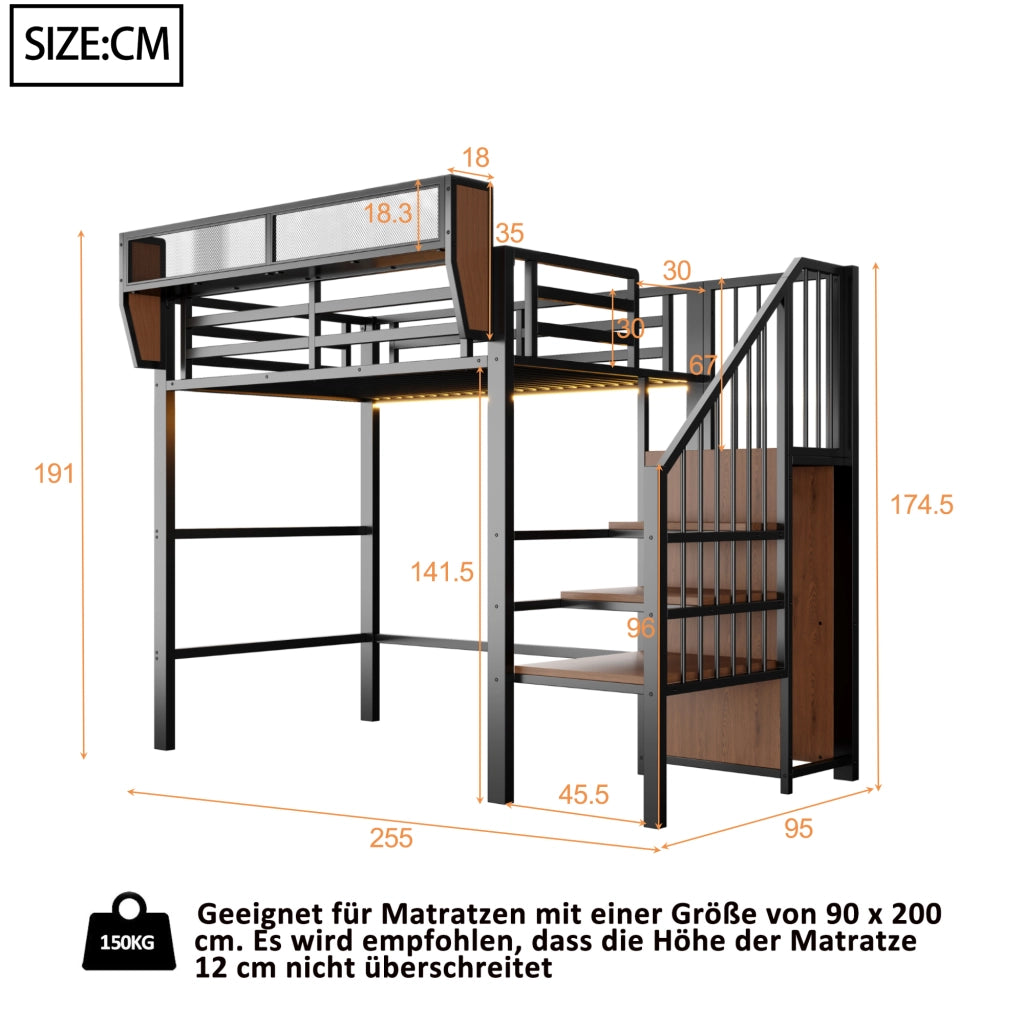 Letto a soppalco 90 × 200 cm con LED, scala di sicurezza e ripiano regolabile, senza materasso, in metallo, nero