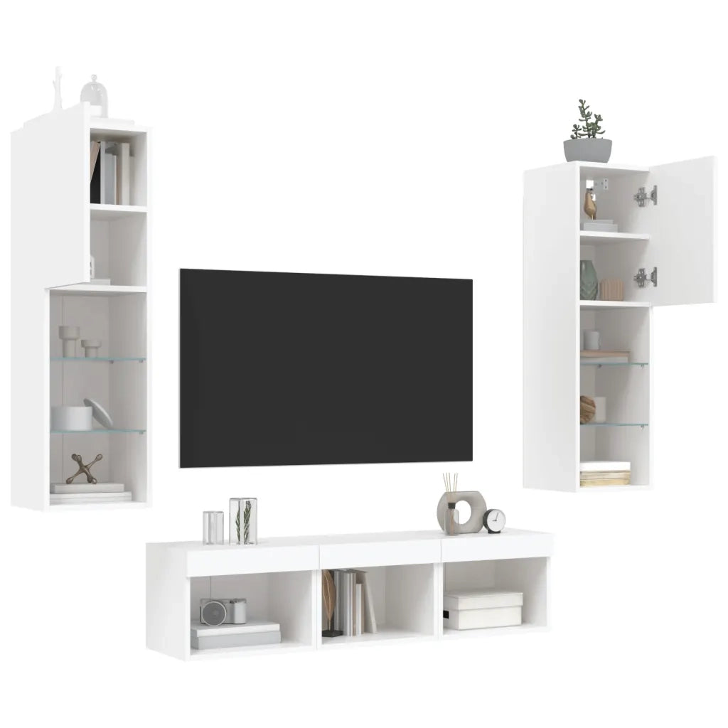 Mobili TV a Muro con LED 5pz Bianchi in Legno Multistrato 3216604