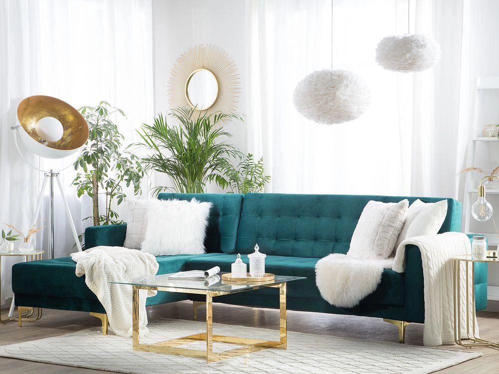 Divano Letto Angolare Tessuto Trapuntato Velluto Verde Acqua Moderna Chaise Longue A 4 Posti Modulare A Forma Di L versione destra
