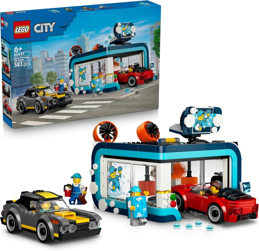 LEGO City Autolavaggio Drive-In Giocattolo - Include 2 Modellini di Auto, Funzione di Lavaggio e 4 Minifigure con Access
