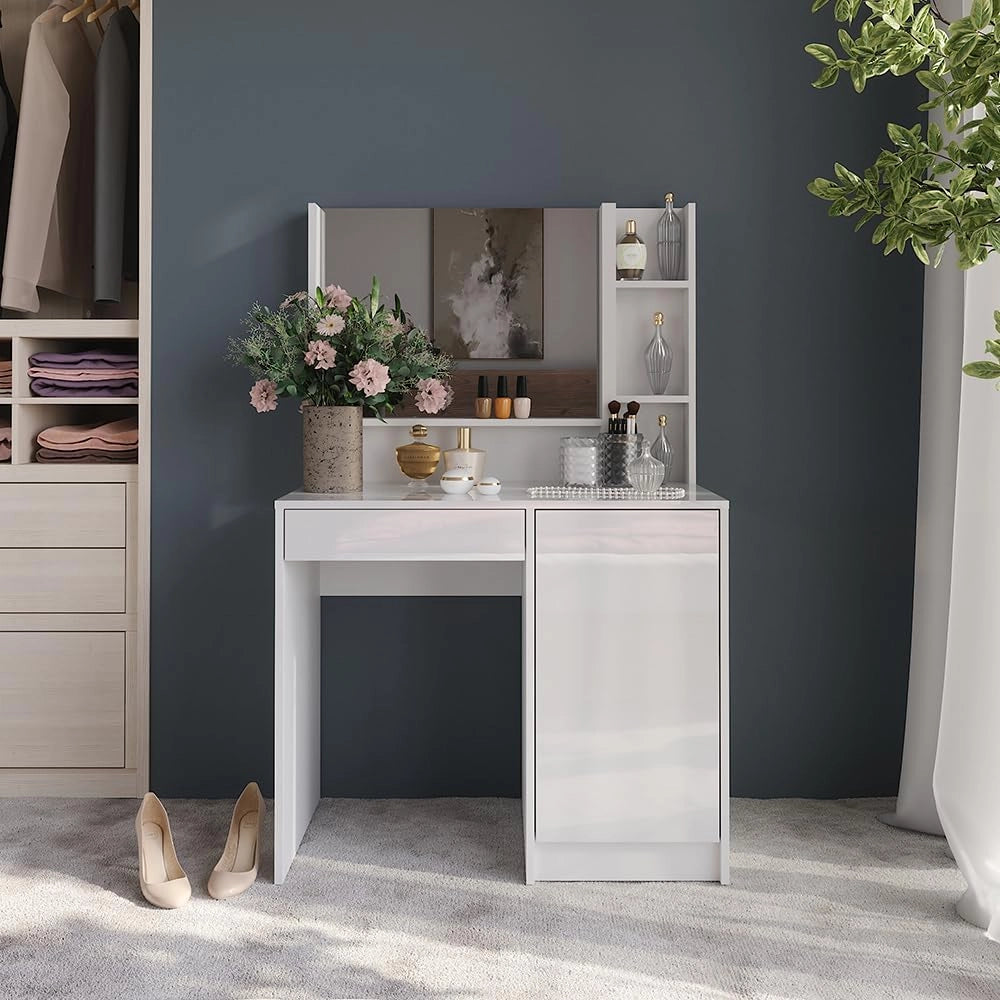 Tavolo da toeletta Sherry, Bianco/bianco lucido, 89.8 cm 3 parti