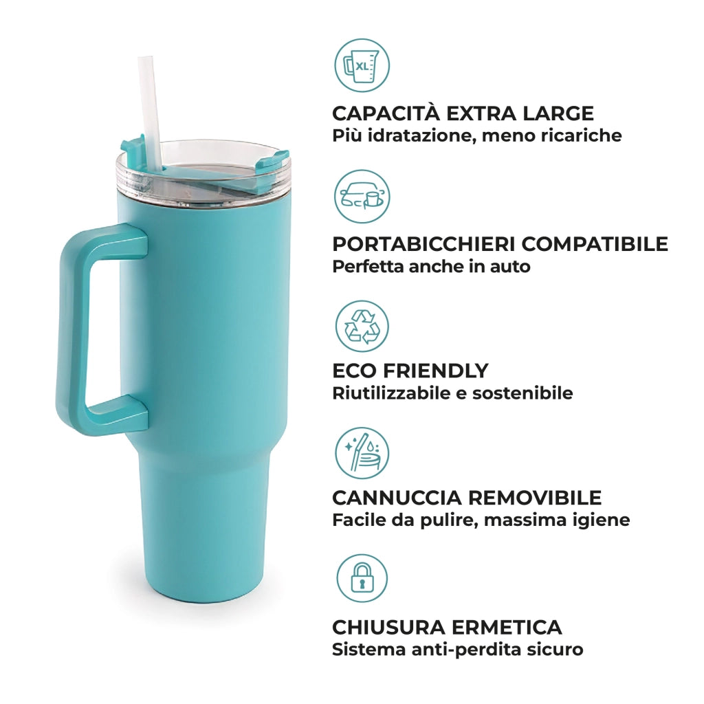Borraccia Termica Americana 1200 ml in Acciaio Inox Doppio Strato Sottovuoto con Cannuccia e Manico – Smalto Antigraffio, Isolamento Caldo/Freddo, Coperchio Ermetico Azzurro