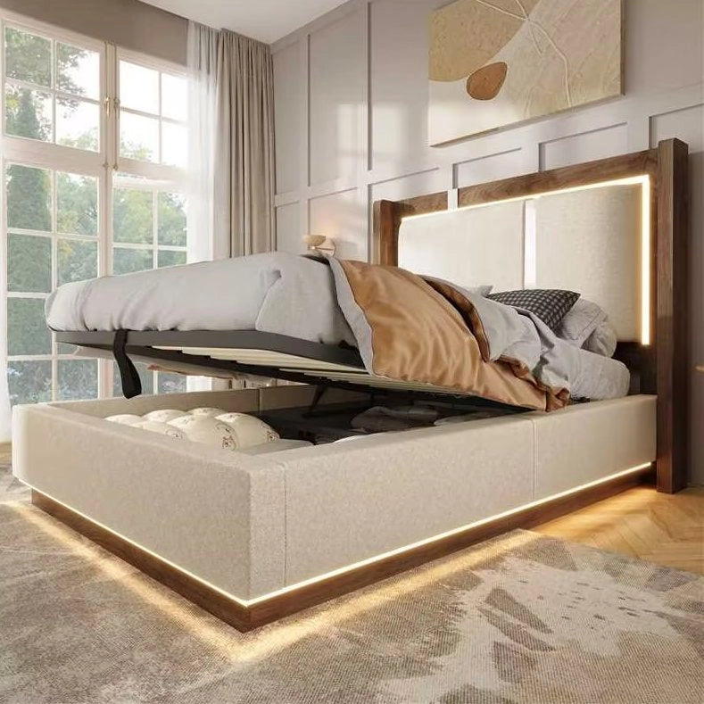 Letto imbottito 90x200 con LED, contenitore e rete a doghe