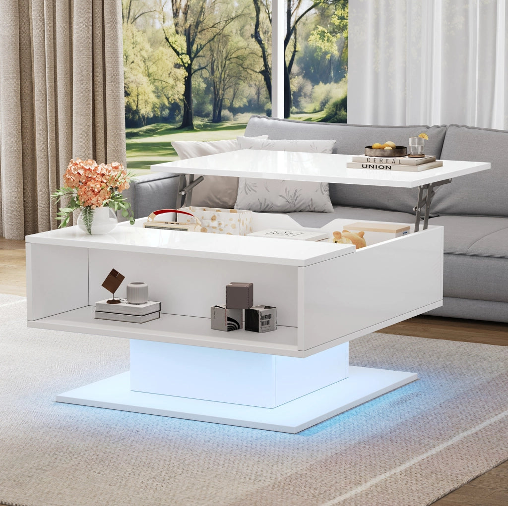 Tavolino da salotto elevabile con LED e vani contenitore; 80 x 75 x 40 cm; bianco