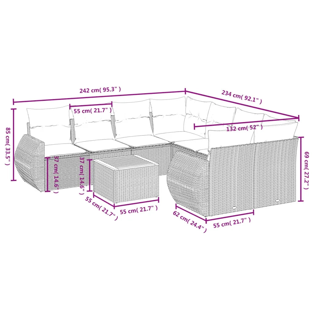 Set Divano da Giardino 9 pz con Cuscini Grigio in Polyrattan 3224933