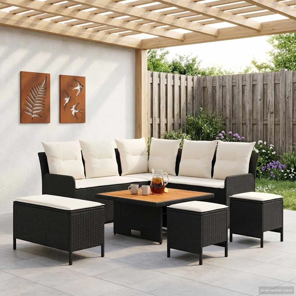 Set di Mobili con cuscino 7 pcs Nero e Crema Rattan in PE