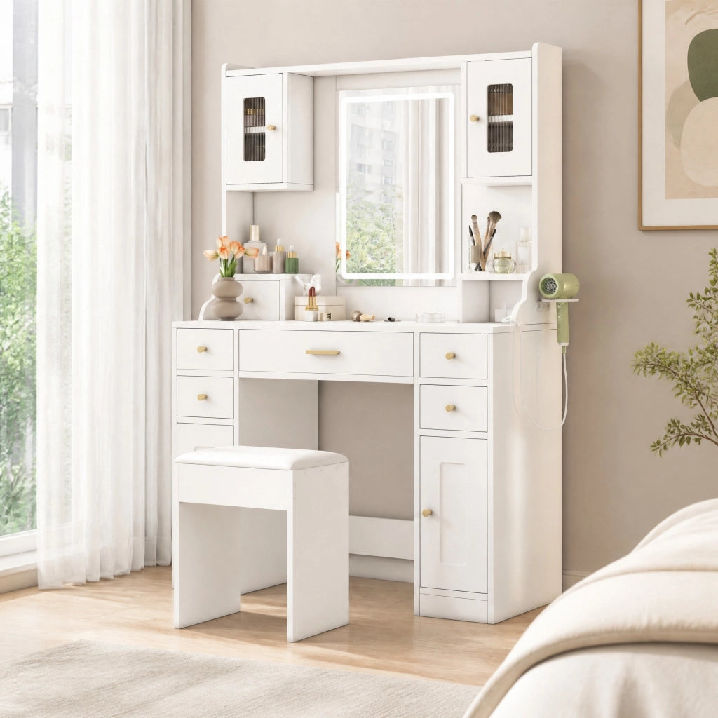 Tavolo da trucco bianco con specchio LED, 6 cassetti, 4 ante e prese integrate
