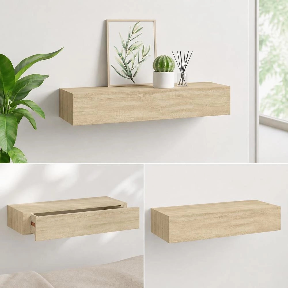 Wall Shelf With Drawer, Oak Look, 60x23.5x10 Cm, MDF