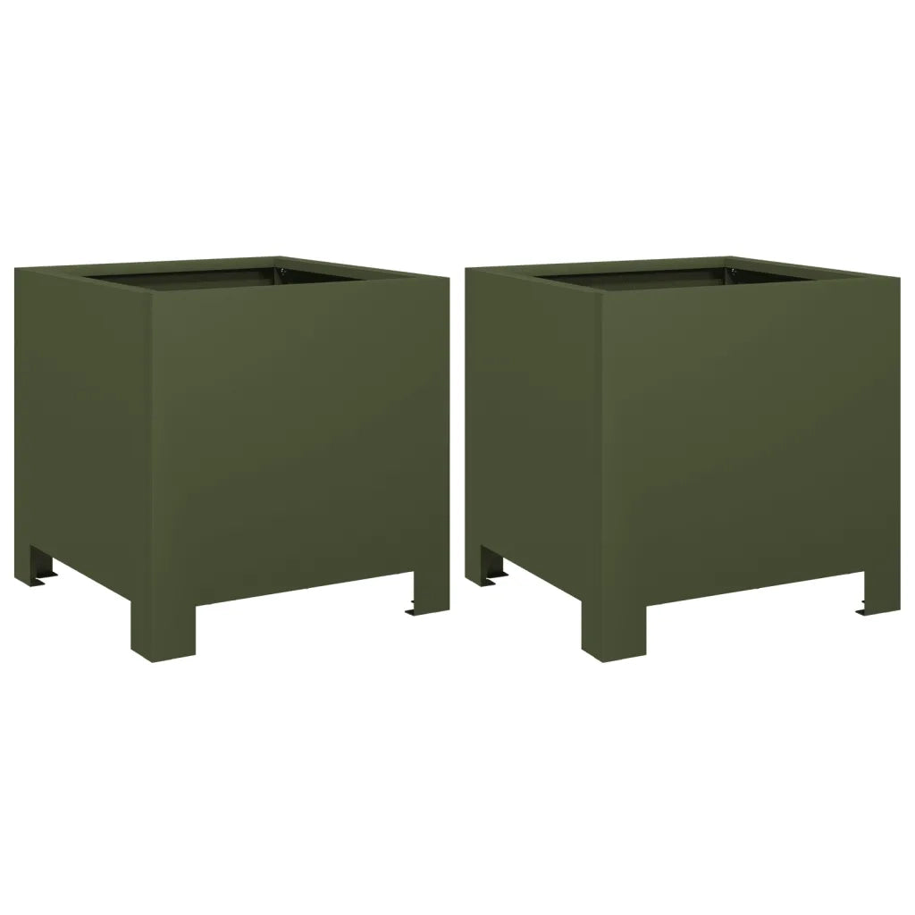 2 pz Fioriere | Cassetta per fiori | Vaso da Giardino Verde Oliva 30x30x30 cm in Acciaio