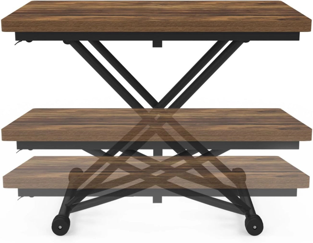 Tavolino 2 in 1 URBANA, trasformabile in tavolo da pranzo rettangolare, 100 cm, legno scuro e nero, design industriale