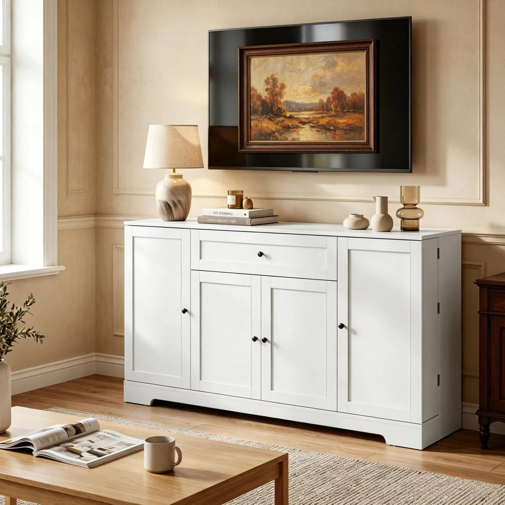 Credenza da cucina 140x40x80 cm in MDF e pannelli, bianca, salvaspazio –
