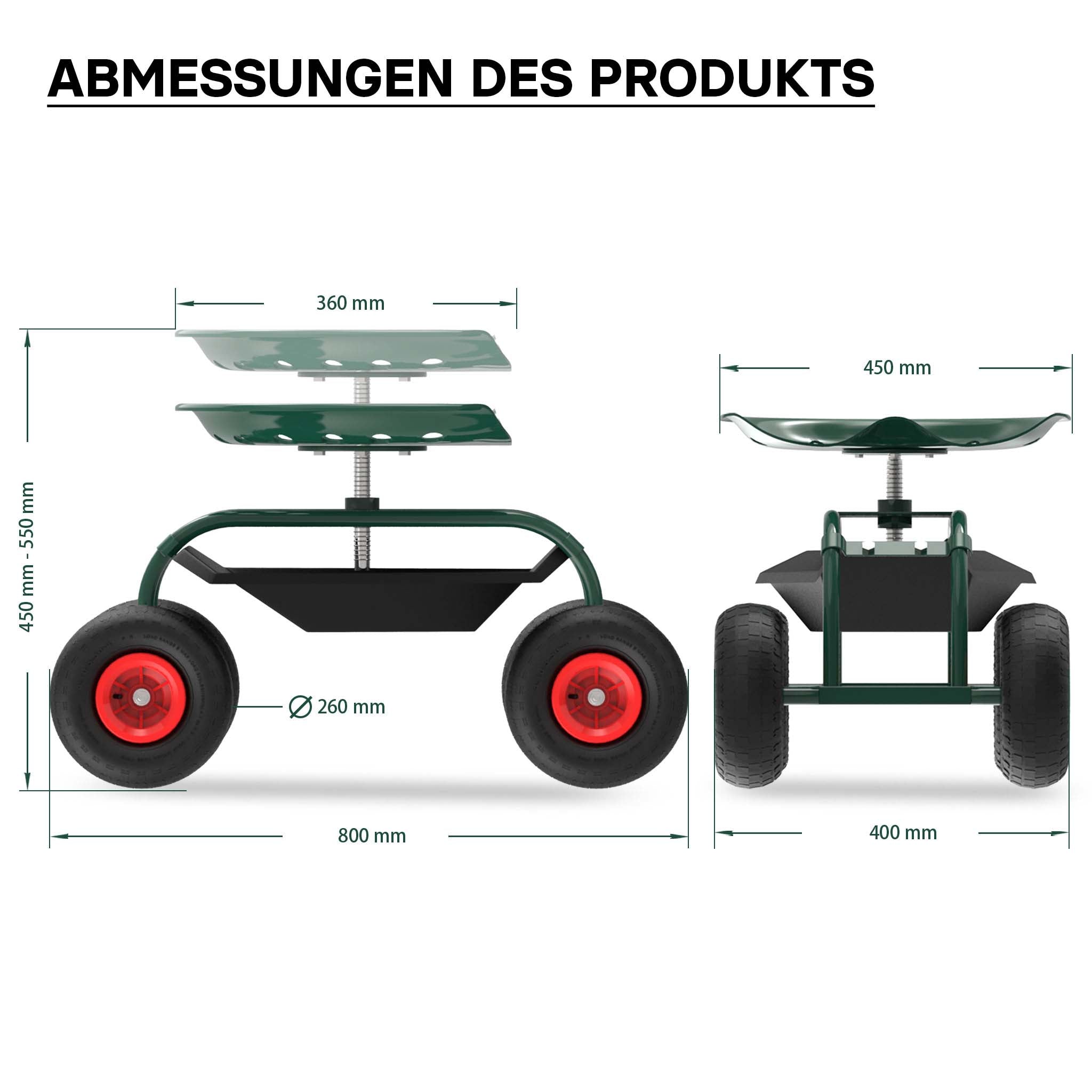 Sgabello da giardinaggio e officina con ruote e porta oggetti , sgabello a carrello, portata 150 kg