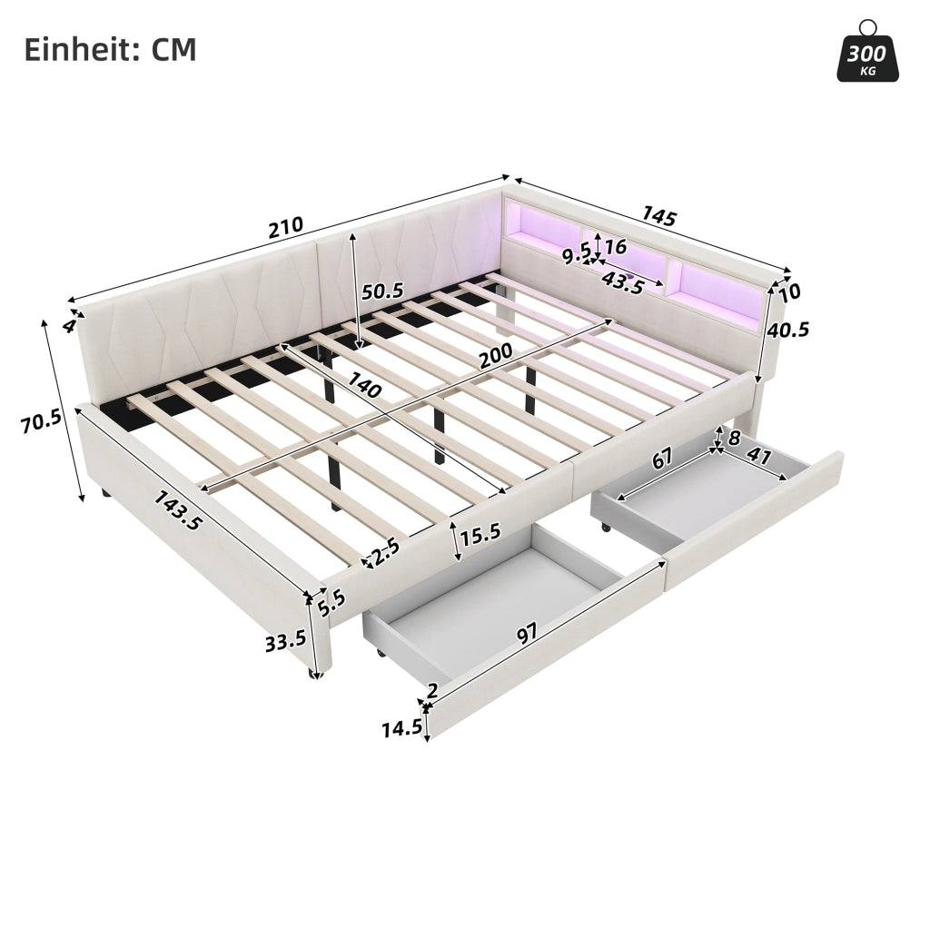 LETTO da giorno 140x200 cm beige in lino e MDF con USB+Type C e LED