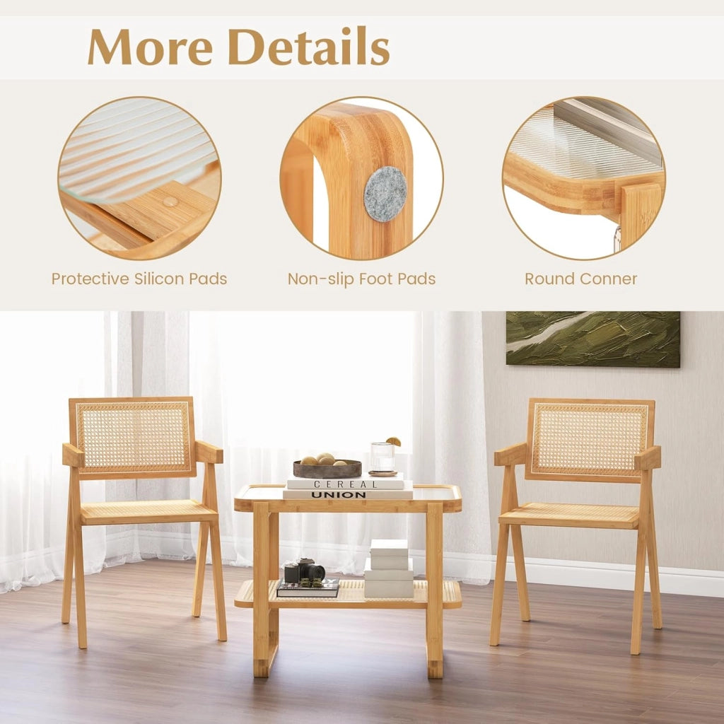 Tavolino ausiliario a 2 livelli, tavolo rettangolare laterale con piano in vetro e ripiano in rattan, comodino con cornice in bambù, per camera da letto e soggiorno, naturale