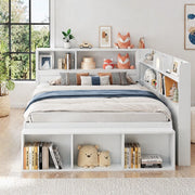 Letto per bambini 140x200 cm con cassetti, libreria e armadietti, rete a doghe, bianco