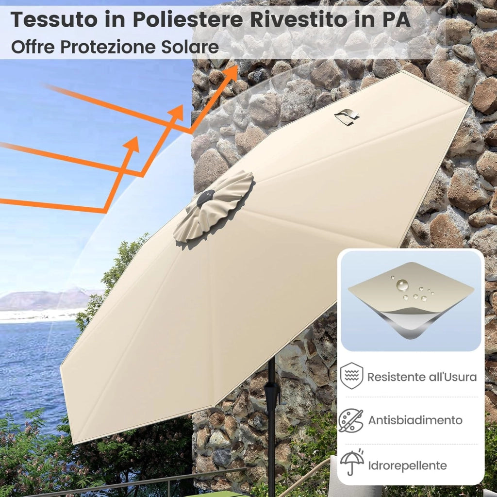 Ombrellone da Giardino 270 cm, Ombrellone da Esterno con Inclinazione Regolabile, Manovella, 8 Stecche, Tettuccio Ventilato, per Spiaggia, Bordo Piscina (Beige, 270 cm 8 Stecche)